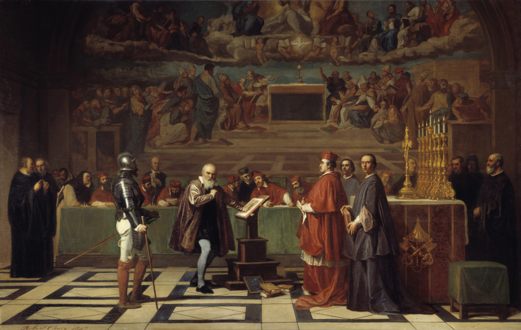 Representación del juicio de Galileo Galilei : El Proceso a Galileo Galilei  se inició alrededor de 1610 y culminó con el juicio y condena de Galileo Galilei por la Inquisicion Romana en 1633.